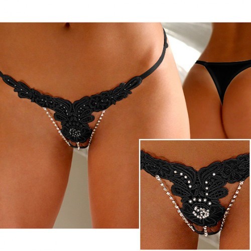 Embroidered Floral G-String Black