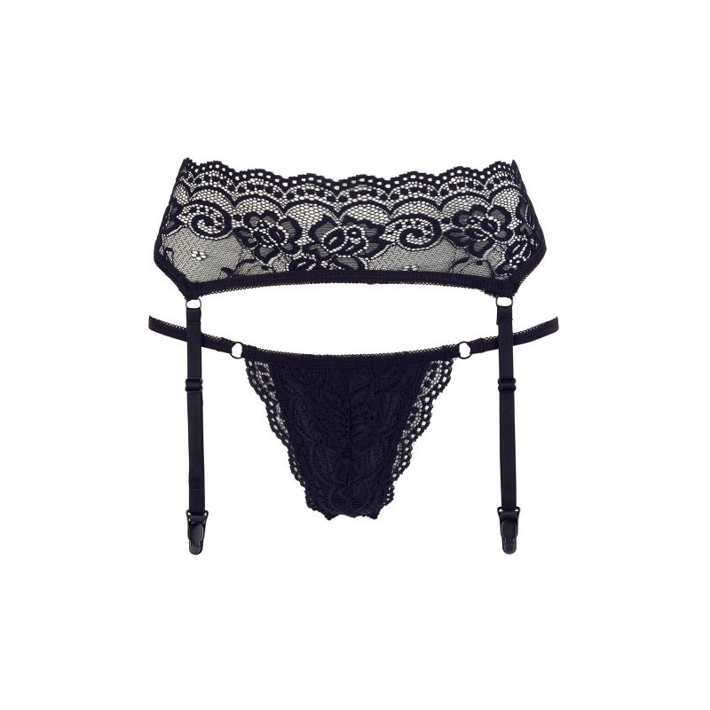 Black Floral Lace Suspender Belt with String