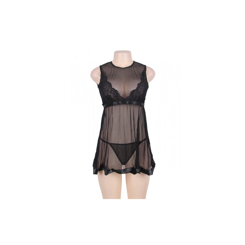 Flared Mesh Babydoll Set Black