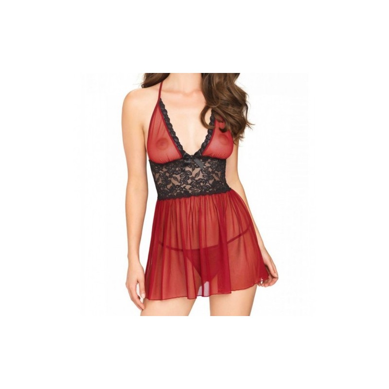 Red Sheer Halter Babydoll and String Set