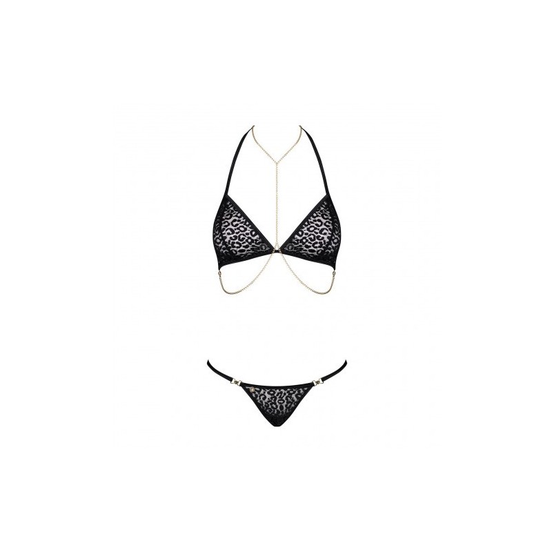 Μαύρο Λεοπαρδαλέ Σετ Εσωρούχων με Αλυσίδες Obsessive Pantheria