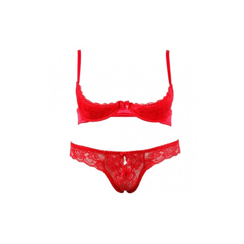 Erotic Satin Lace Red Bra Set