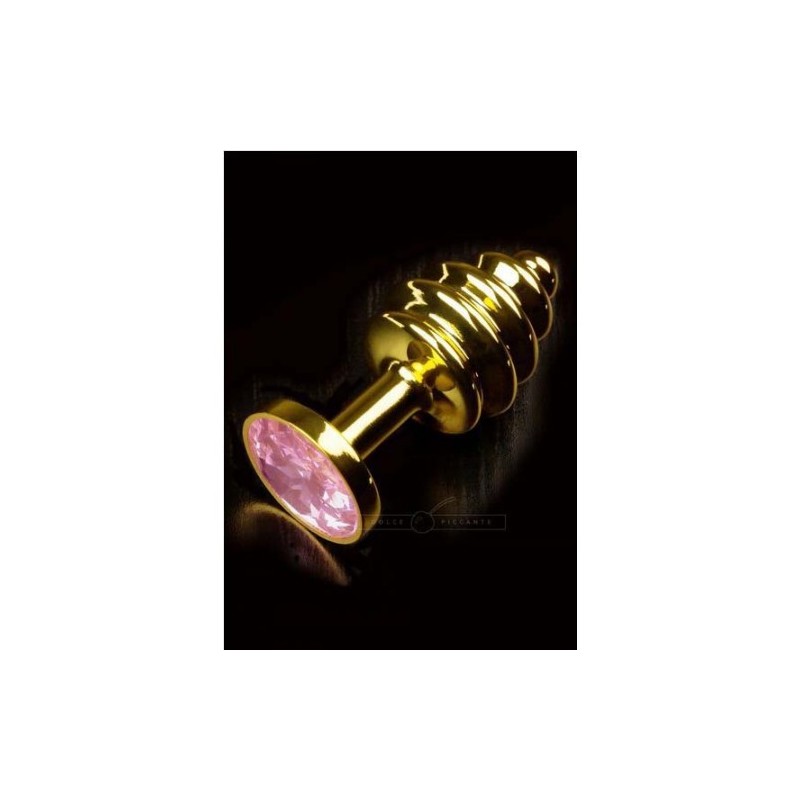 Dolce Piccante Gold Ribbed Steel Butt Plug With Pink Jewel Small