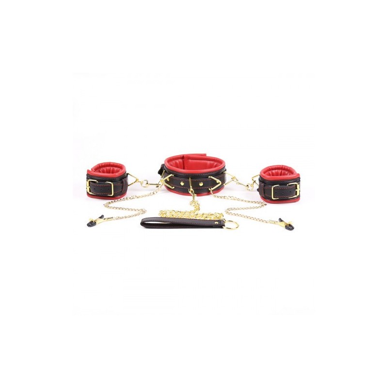 Collar Leash with Cuffs chained Nipple Clamps Red Black