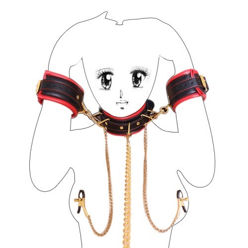 Collar Leash with Cuffs chained Nipple Clamps Red Black