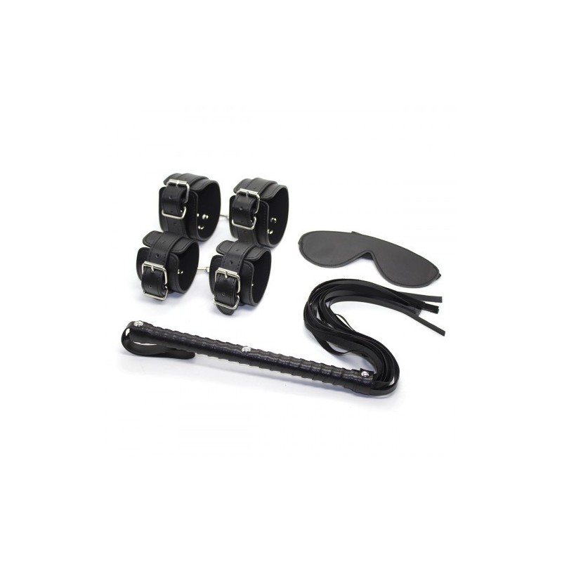 Στιβαρό Μαύρο δερμάτινο σετ 4 ερωτικών φετιχ αξεσουάρ Naughty Toys