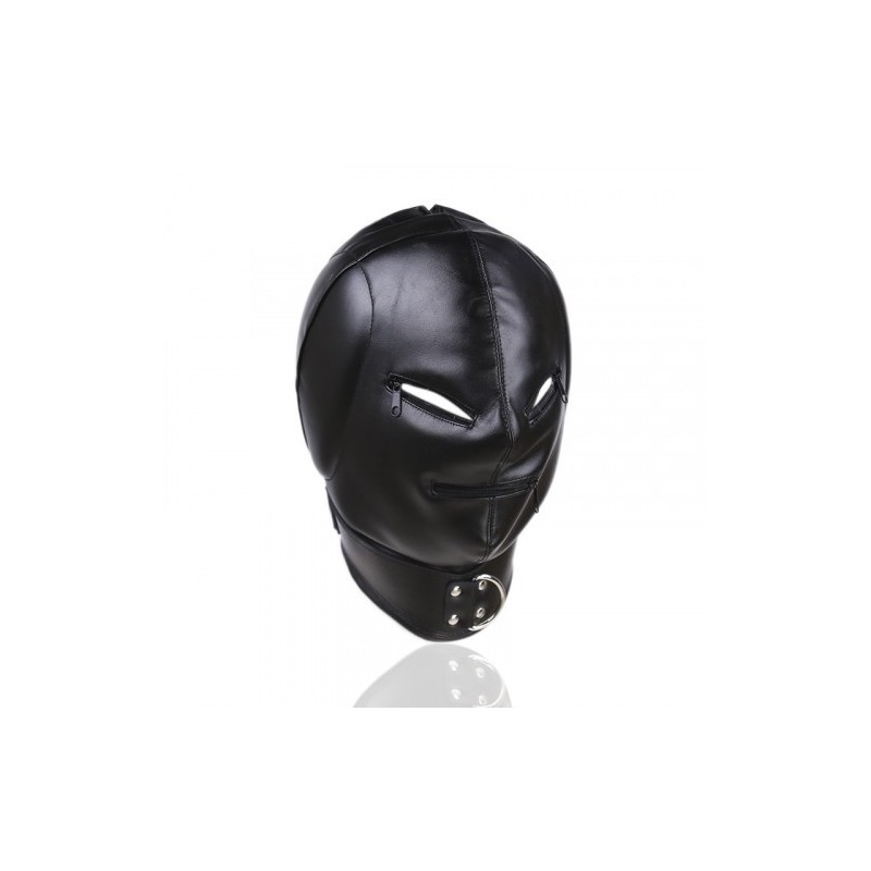 Bdsm Leather Hood with Sponge Earmuffs and mouth eyes zippers