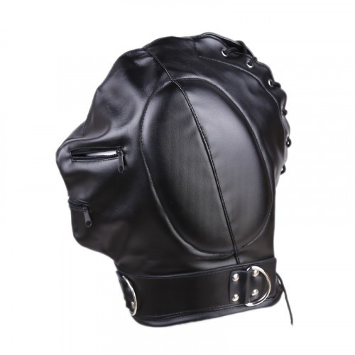 Bdsm Leather Hood with Sponge Earmuffs and mouth eyes zippers