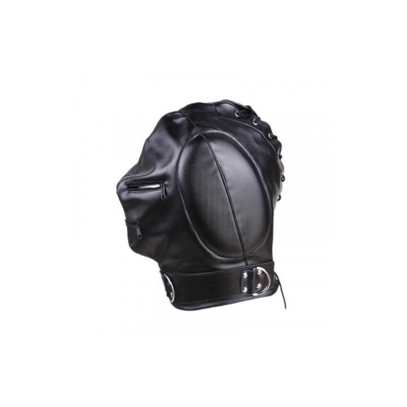 Bdsm Leather Hood with Sponge Earmuffs and mouth eyes zippers