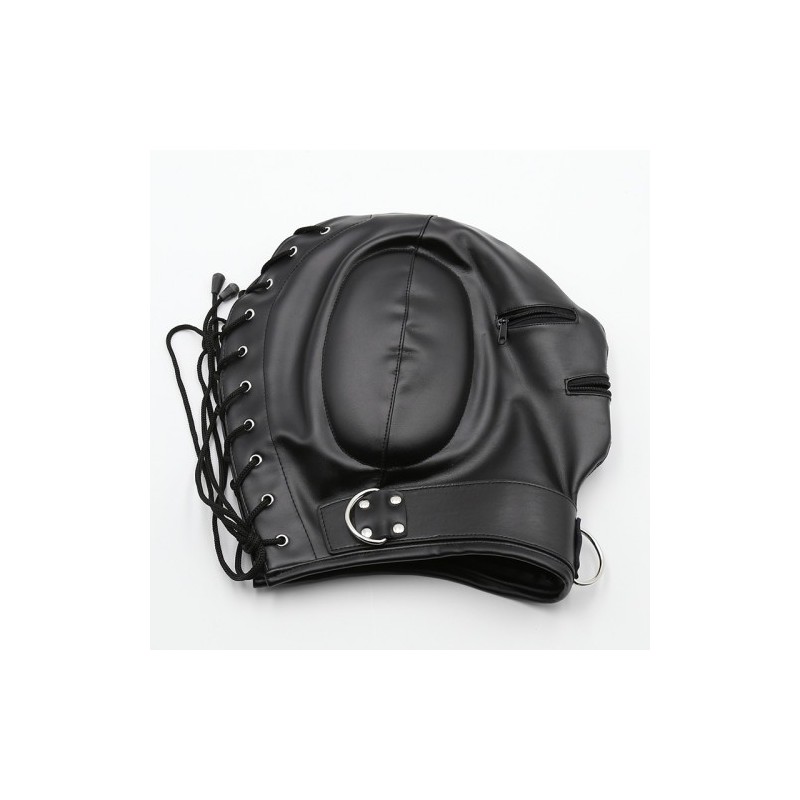 Bdsm Leather Hood with Sponge Earmuffs and mouth eyes zippers
