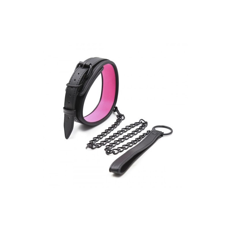 Δερμάτινο Κολάρο λαιμού ΜΑΥΡΟ-ΡΟΖ με αποσπώμενη αλυσίδα λουρί