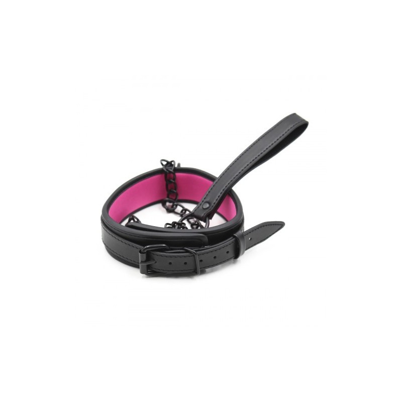 Δερμάτινο Κολάρο λαιμού ΜΑΥΡΟ-ΡΟΖ με αποσπώμενη αλυσίδα λουρί