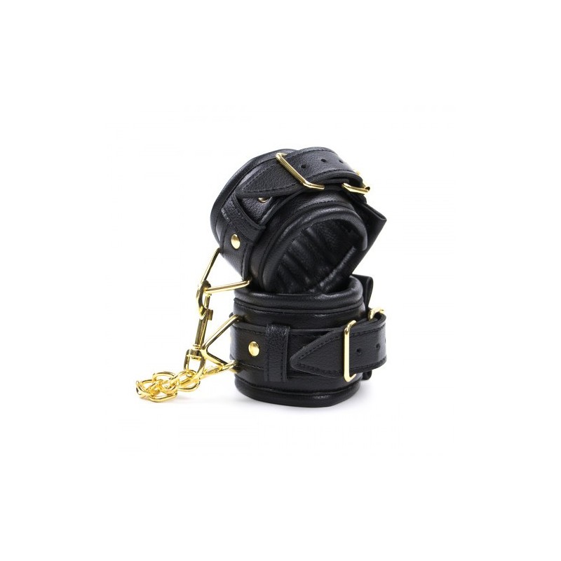 Μαύρες δερμάτινες ρυθμιζόμενες χειροπέδες με χρυσή αλυσίδα