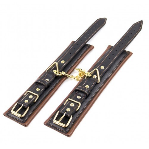 Καφέ Μαύρο δερμάτινες ρυθμιζόμενες χειροπέδες με χρυσή αλυσίδα