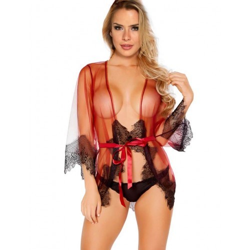 Unwrap Me Mesh Kimono with String Red