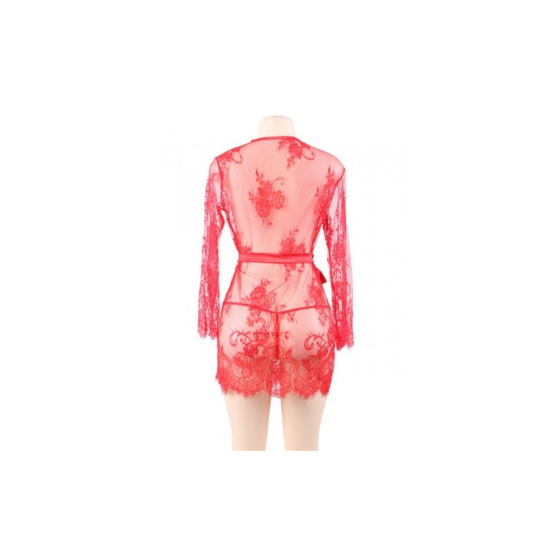 Plus Size Floral Lace Kimono with String Red