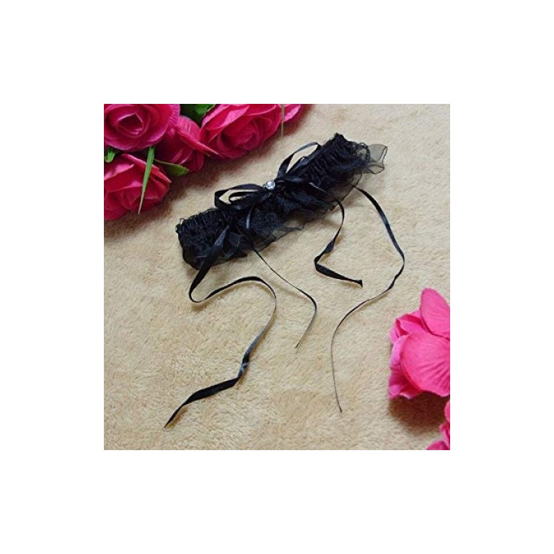 Black Floral Lace Garter with Rhinestone