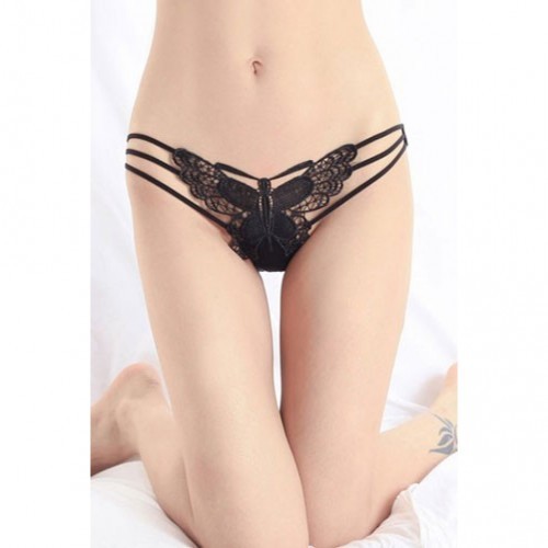 Black Embroidered Butterfly Thong