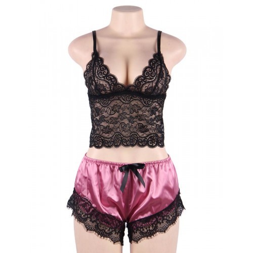 Satin Lace Cami and Short Dark Pink