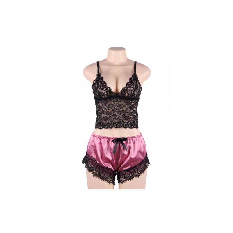 Satin Lace Cami and Short Dark Pink
