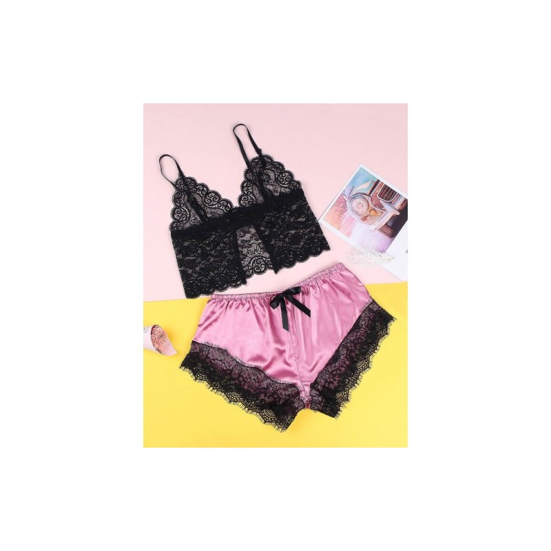 Satin Lace Cami and Short Dark Pink