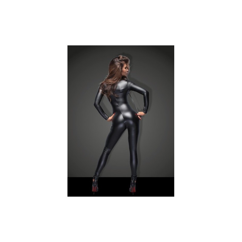 Noir Powerwetlook Jumpsuit with Two-way Zip and Leash