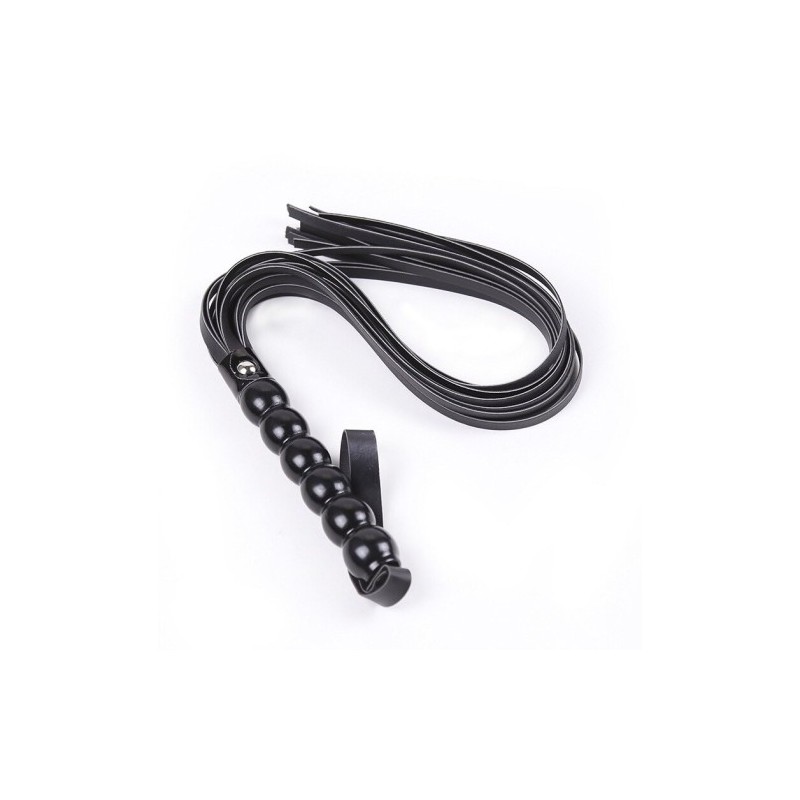 Naughty Toys μαύρο δερμάτινο μαστίγιο μέ χάνδρινό χερούλι 65 εκ